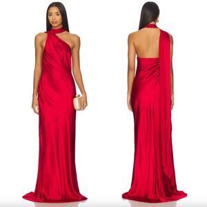 Lovers and Friends | Mila Gown in Red Satin Draped Scarf Shawl Neckline XS